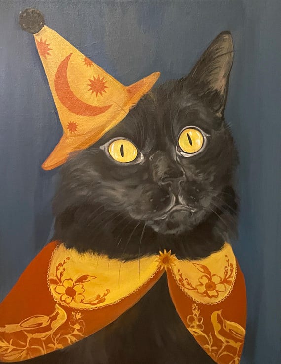 黒猫魔女のアクリル画：気まぐれなハロウィンアート（16x20インチ