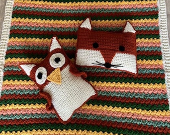 Woodland Slumber Crib Set | Crochet Pattern for Baby Blanket with Fox and Owl Pillows | Nursery Baby Shower Gift
