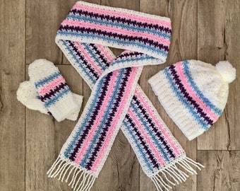 EASY Beginner level crochet pattern hat scarf mittens adult sizes simple stripes cozy weekend project
