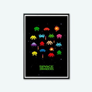 Póster retro de Space Invaders en pixel art / Arte mural de videojuegos arcade vintage (descarga digital)