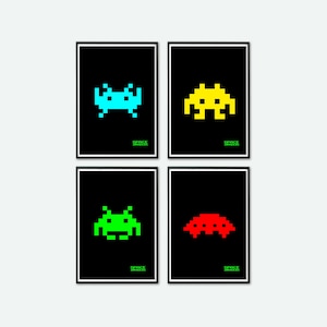 Space Invaders. Retro Videogame Printable Posters Pack. 4 Vintage Poster Pack