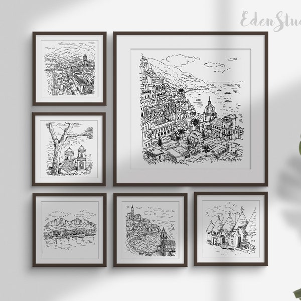 Italy, Positano, Amalfi, Travel Sketch Set of 6 Prints, Cityscape, Black and White Art, Line Art, Printable Wall Art, Gallery Wall Set