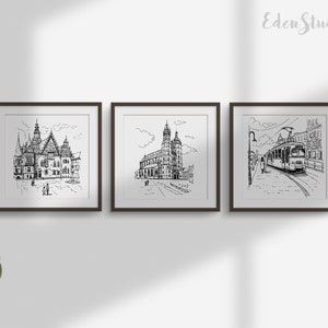 Krakow & Wroclaw Sketch Print Set: Black and White Cityscape (Digital Download)