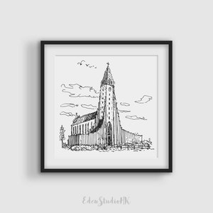 Hallgrimskirkja Sketch, Reykjavík, Island, Reiseskizze, Stadtansicht, Schwarzweißkunst, Line Art, druckbare Wandkunst