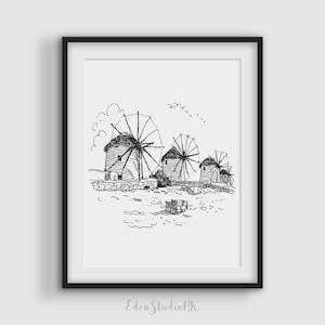 Mykonos Windmills Sketch Art Print: Greece Travel Line Art (Digital Download)