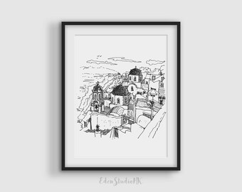 Puede incluir: Dibujo en blanco y negro de una ciudad con edificios e iglesias, posiblemente en Santorini, Grecia.