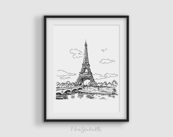 Eiffel Tower Sketch Art Print: Paris Cityscape (Digital Download)