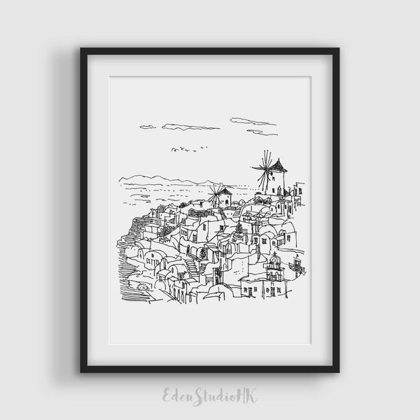 Santorini Sketch 1, Oia, Greece, Travel Sketch, Cityscape, Black and White Art, Line Art, Printable Wall Art