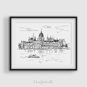 parlament Skizze, Budapest, Ungarn, Reise-Skizze, Stadtansicht, schwarzweiß Kunst, Line Art, druckbare Wandkunst