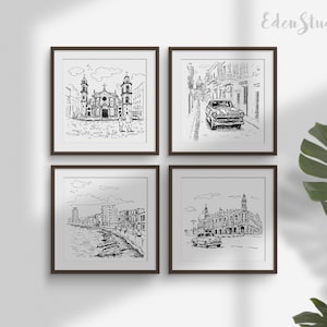 Havana Sketch Art Prints: Cuba Cityscape Gallery Wall Set (Digital Download)