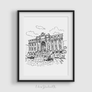 Trevifontein Sketch Art Print: stadsgezicht van Rome, Italië (digitale download)