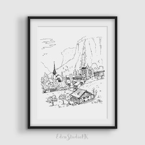Lauterbrunnen Switzerland Sketch Art: Black and White Cityscape (Digital Download)