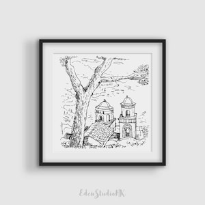 Villa Rufolo Sketch, Ravello, Italy, Travel Sketch, Cityscape, Black and White Art, Line Art, Printable Wall Art