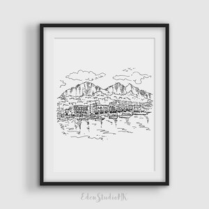Capri Italy Sketch Art Print: zwart-wit stadsgezicht (digitale download)