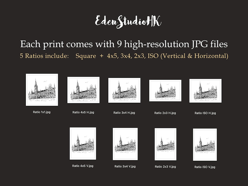May include: A digital illustration of a building with a square, 4x5, 3x4, 2x3, and ISO aspect ratio. The illustration is in black and white and is available as a high-resolution JPG file.