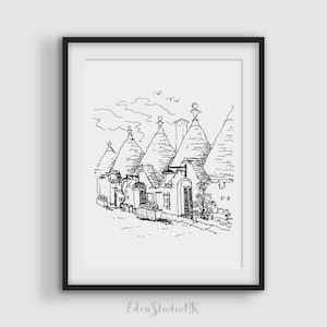Schetsafdruk Alberobello, Italië: trulli stadsgezicht lijntekeningen (digitale download)