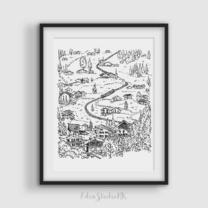 Grindelwald Sketch, Switzerland, Travel Sketch, Cityscape, Black and White Art, Line Art, Printable Wall Art