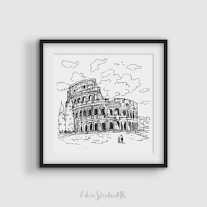 Colosseum Sketch, Rome, Italy, Travel Sketch, Cityscape, Black and White Art, Line Art, Printable Wall Art