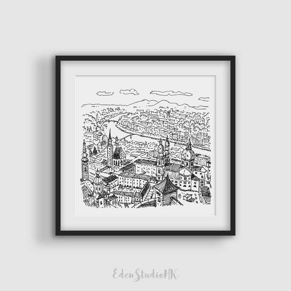 Salzburg Sketch, Austria, Travel Sketch, Cityscape, Black and White Art, Line Art, Printable Wall Art