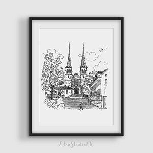 Impression d&#39;art de croquis de Lucerne, Suisse : paysage urbain de l&#39;église Saint-Leodegar (téléchargement numérique)