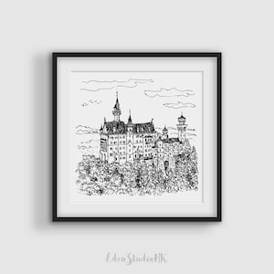 Neuschwanstein Castle Print: Germany Travel Sketch (Digital Download)