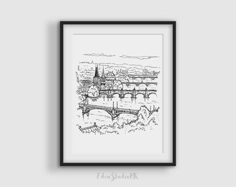 Croquis du pont Charles, tchèque, Prague, croquis de voyage, paysage urbain, art noir et blanc, dessin au trait, art mural imprimable, ensemble mural de galerie