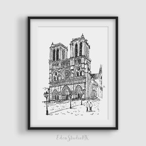 Notre Dame de Paris Sketch Art Print: Black and White Cityscape (Digital Download)