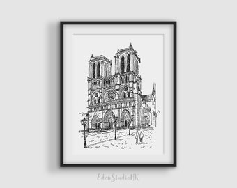 Notre Dame de Paris Sketch Art Print: Black and White Cityscape (Digital Download)
