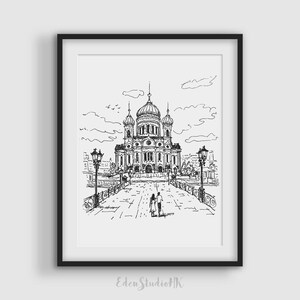May include: Black and white line drawing of a church with a couple walking towards it on a bridge. The church has a dome and two towers. There are streetlights on either side of the bridge.
