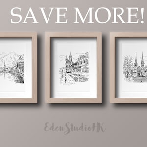 Pick Any 3 Prints, Gallery Set, Travel Sketch, Cityscape, Black and White Art, Line Art, Printable Wall Art, Gallery Wall Set