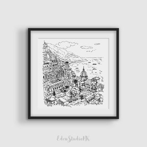 Positano Sketch, Italy, Travel Sketch, Cityscape, Black and White Art, Line Art, Printable Wall Art