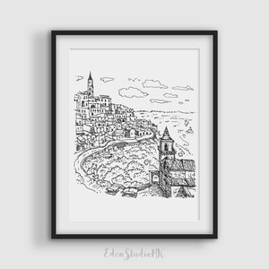 Matera Italy Sketch Art Print: Black and White Cityscape (Digital Download)