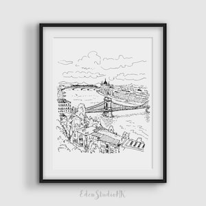 Széchenyi Chain Bridge Sketch, Budapest, Hungary, Travel Sketch, Cityscape, Black and White Art, Line Art, Printable Wall Art