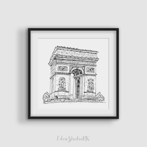Arco de Triunfo, París, Francia, Boceto de viaje, Paisaje urbano, Arte en blanco y negro, Arte lineal, Arte de pared imprimible