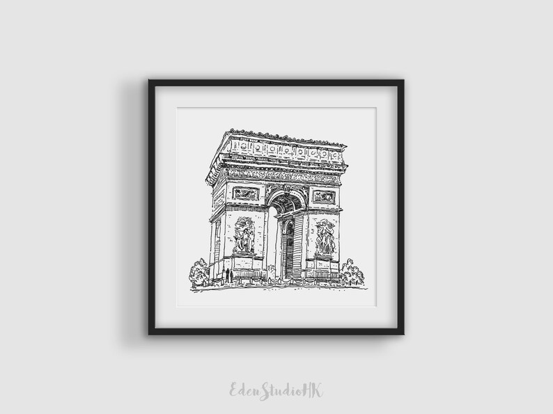 May include: A black and white line drawing of the Arc de Triomphe in Paris, France. The drawing is framed in a black frame.