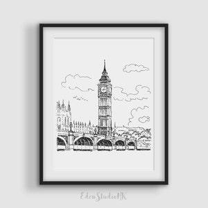 Big Ben, London, Reise-Skizze, Stadtansicht, schwarz-weiß, Linie Kunst, druckbare Wandkunst