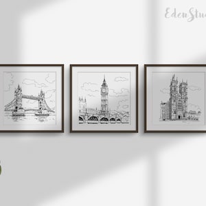 England, London, Travel Sketch Set of 3 Prints, Cityscape, Black and White Art, Line Art, Printable Wall Art, Gallery Wall Set