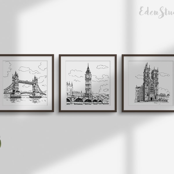 England, London, Travel Sketch Set of 3 Prints, Cityscape, Black and White Art, Line Art, Printable Wall Art, Gallery Wall Set