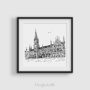 Munich Marienplatz Sketch Art Print: Germany Cityscape (Digital Download)
