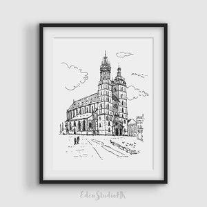 Krakow Poland Sketch Art Print: St. Mary Church Cityscape (Digital Download)