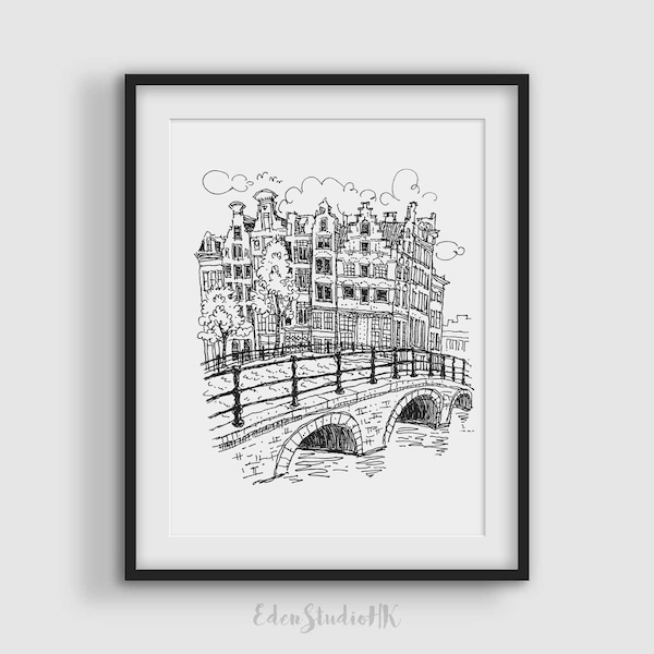 Amsterdam Sketch 2, Holland, Travel Sketch, Cityscape, Black and White Art, Line Art, Printable Wall Art