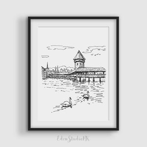 Luzern Kapellbrücke Skizze: Schweiz Stadtansicht (Digitaler Download)