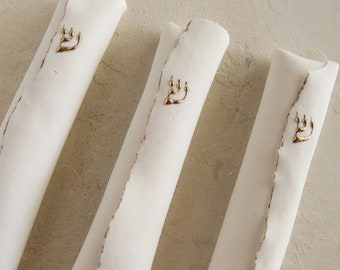 Mezuzah for door, set of 3 small ceramic mezuzah case, unique, handmade and gift, one of a kind gift for Jewish wedding and new Jewish home.