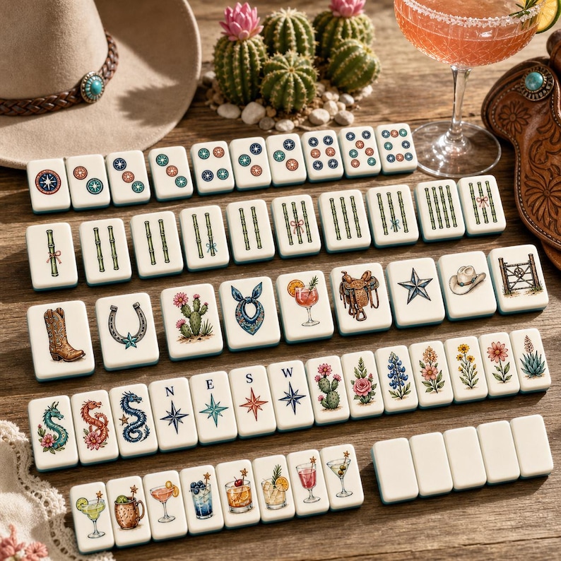 May include: A set of white mahjong tiles featuring colorful illustrations of western-themed icons, including cowboy boots, horseshoes, cacti, cocktails, dragons, and compass directions, arranged in rows on a wooden surface.