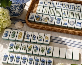Hamptons-hydrangea-club American Mahjong Set, hydrangea Floral Mahjong Tiles, Four Layer Edge,Luxury Game Night Gift, Mahjong Lover Gift