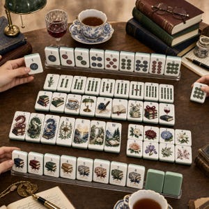 May include: A mahjong set featuring white tiles with intricate illustrations of books, flowers, dragons, and compasses. The tiles are arranged in rows on clear plastic racks, displaying numbers one through nine, cardinal directions, and floral motifs.