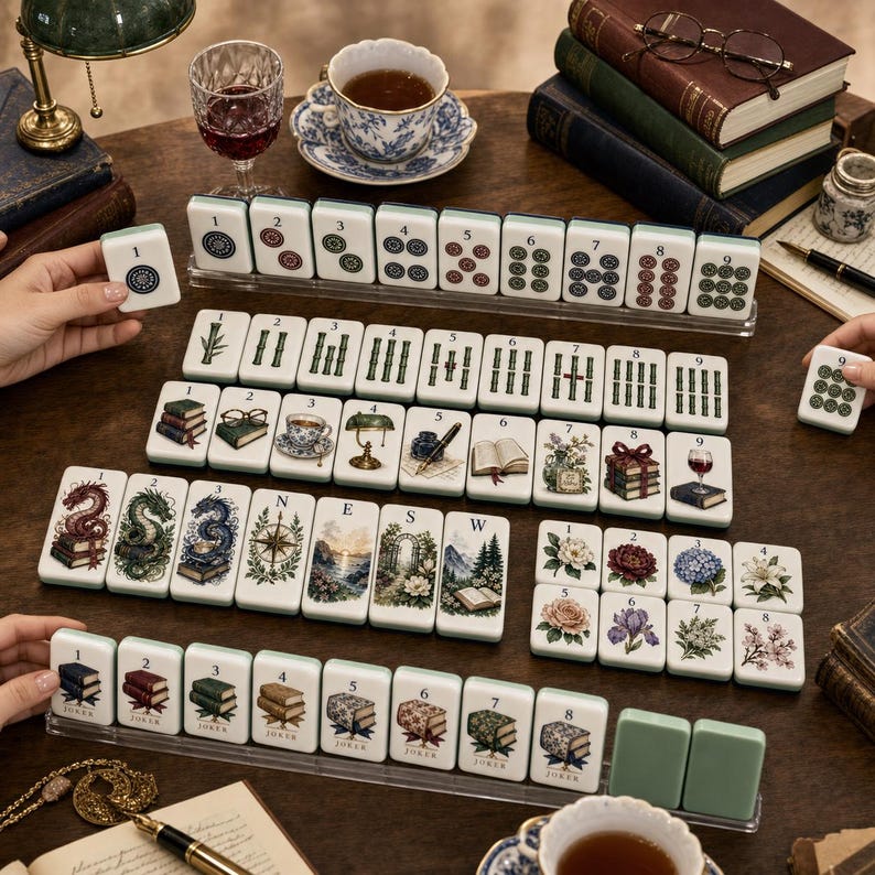 May include: A mahjong set featuring white tiles with intricate illustrations of books, flowers, dragons, and compasses. The tiles are arranged in rows on clear plastic racks, displaying numbers one through nine, cardinal directions, and floral motifs.