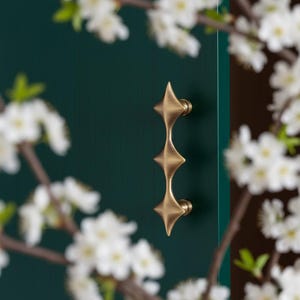 Op de afbeelding: Een messingkleurige kastgreep met een sterrenpatroon is gemonteerd op een donkergroene kastdeur. De greep heeft drie stervormige elementen die verticaal met elkaar verbonden zijn. Witte bloesems en takken staan op de voorgrond.