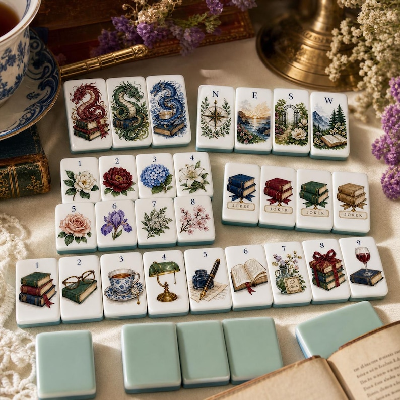 May include: A collection of rectangular mahjong tiles featuring various illustrations including dragons on books, compasses, landscapes, flowers, stacks of books, reading glasses, teacups, lamps, inkwells, and wine glasses, with some tiles left blank.