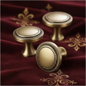 Könnte beinhalten: Drei antike Messing-Schrankknöpfe mit kreisförmigem Design. Jeder Knopf hat eine zentrale Scheibe, die von einem Perlenrand und einem dekorativen Außenring umgeben ist. Die Knöpfe sind auf tiefrotem Samtstoff platziert.